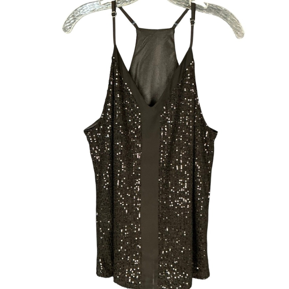 Black Sequin Cami Top V-Neck Racerback L Party Evening Club 90s Boho Glam Luxe